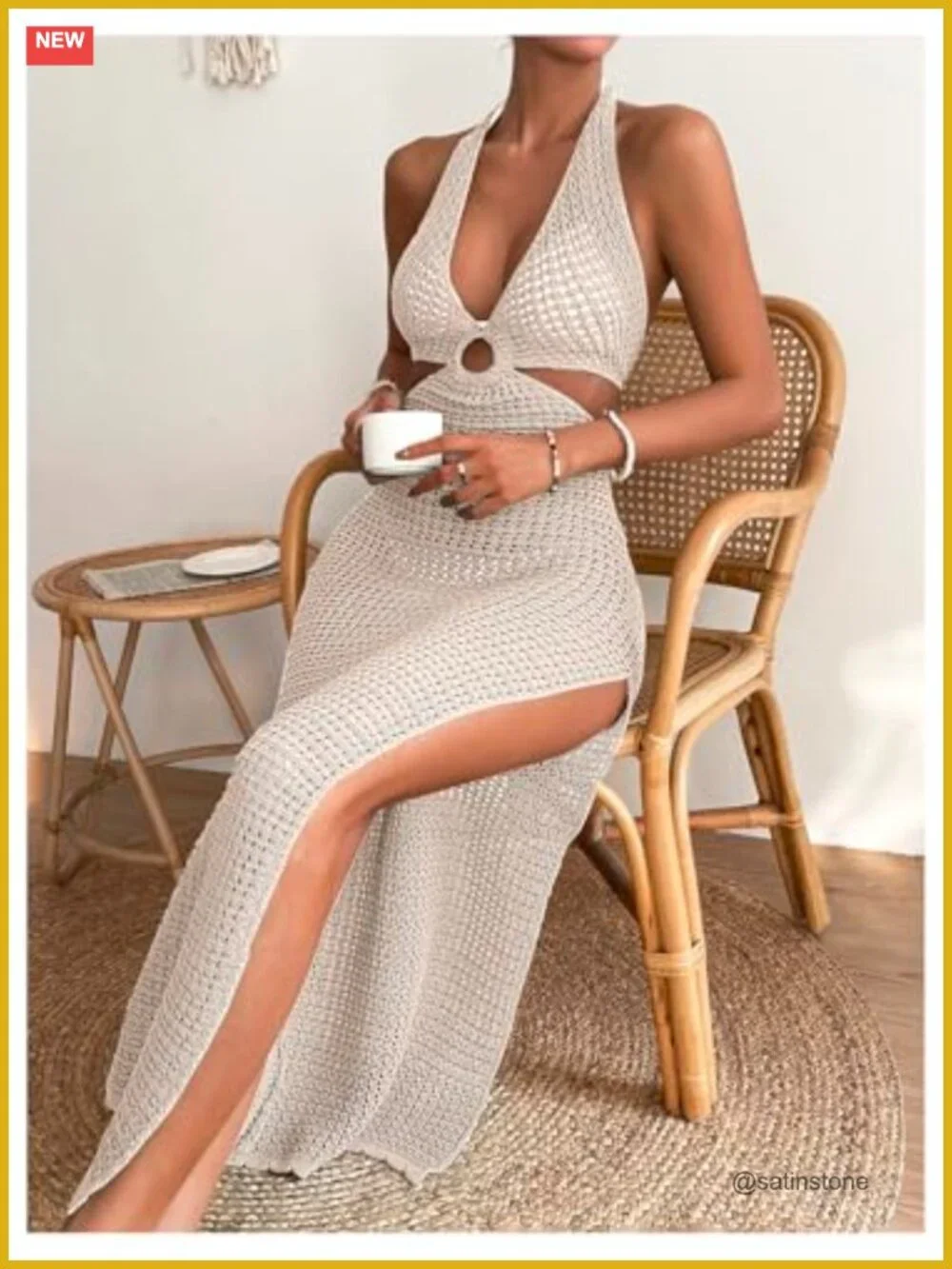 Crochet Maxi Dress Halter Backless Swim Cover Up Vacation Beach Bathing Suit